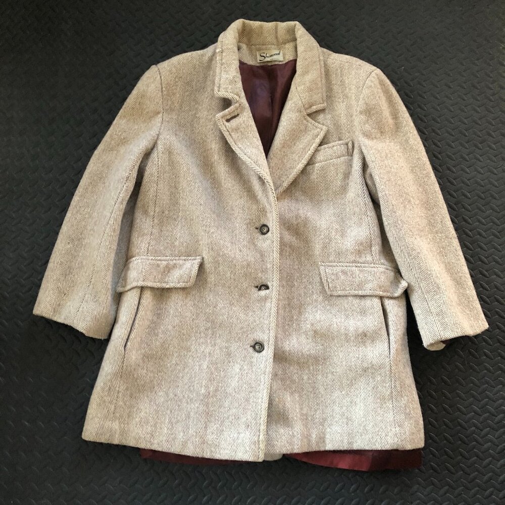 VINTAGE SHERWOOD HERRINGBONE TWEED WOOL OVERCOAT PREPPY ECLECTIC GRANDPA